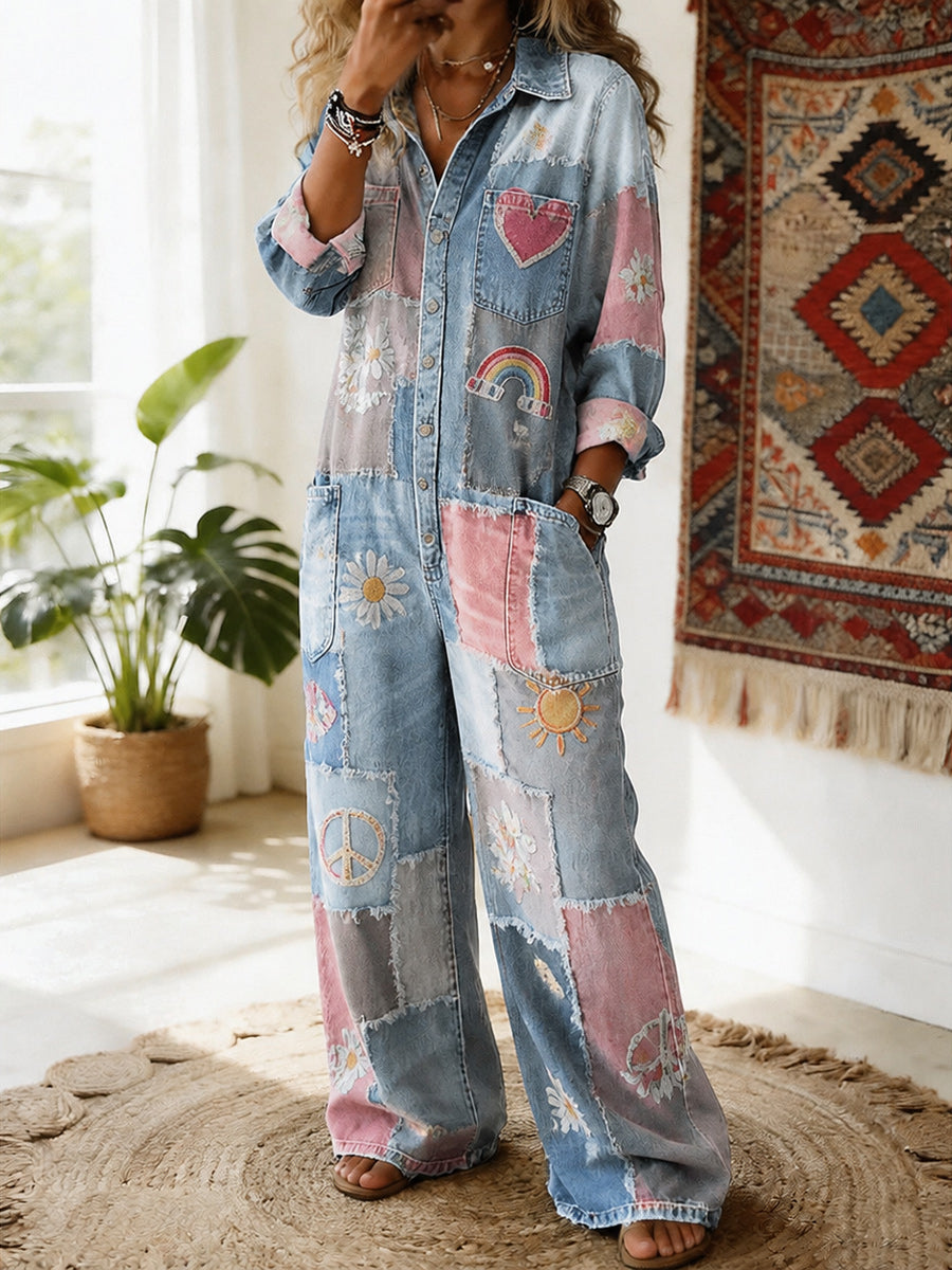 Women's Retro Style Art Print Washed V-Neck Cotton Denim Patchwork Jumpsuit